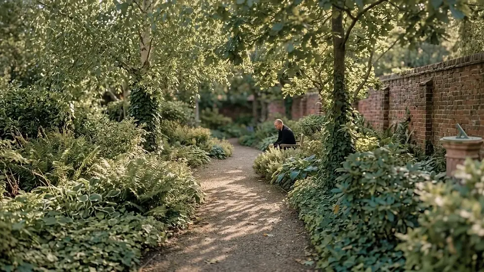 Man sits on a bench along a leafy garden path beside a brick wall, in soft sunlight and a calm mood.