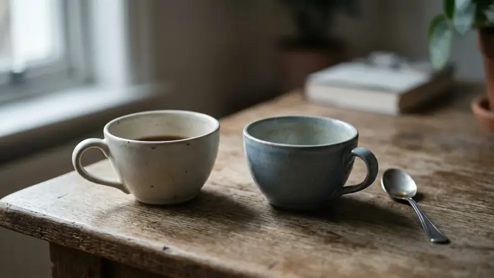 Two ceramic cups on a wooden table, one filled with tea. A spoon lies nearby. A book and plant are blurred in the background. Cozy ambiance.