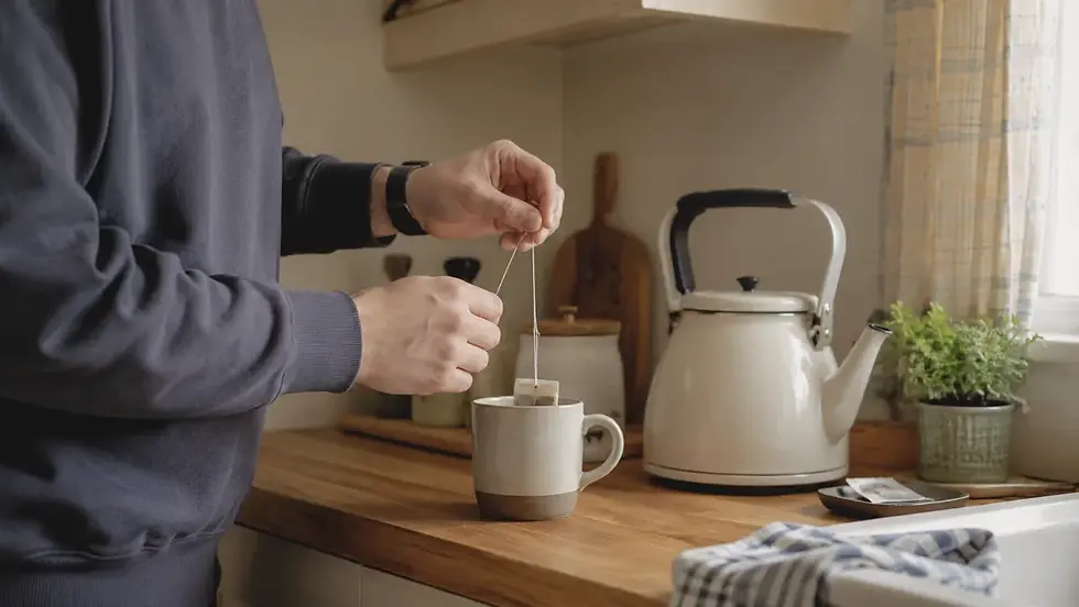 Faceless hands making tea in a quiet British kitchen, reflecting familiar routines in dementia caregiving.
