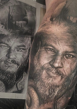 Ragnar portrait tattoo by Jacob Gwynn