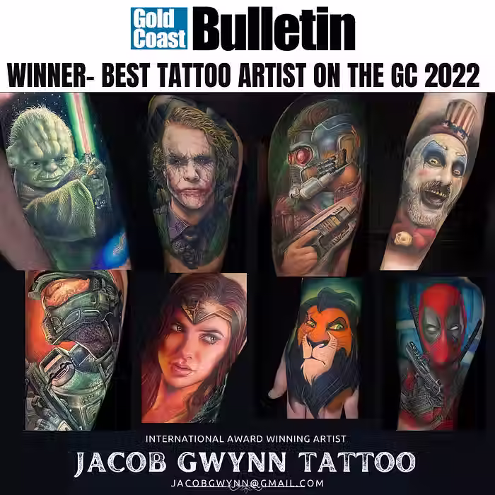 Gold Coast Bulletin's Best Tattoo Artist on the Gold Coast Winner is Jacob Gwynn Tattoo. The image features the award announcement and 8 images of his tattoo portfolio