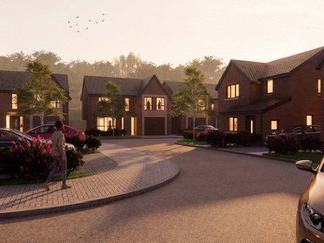 Visual of new family homes around a landscaped cul-de-sac in Warrington