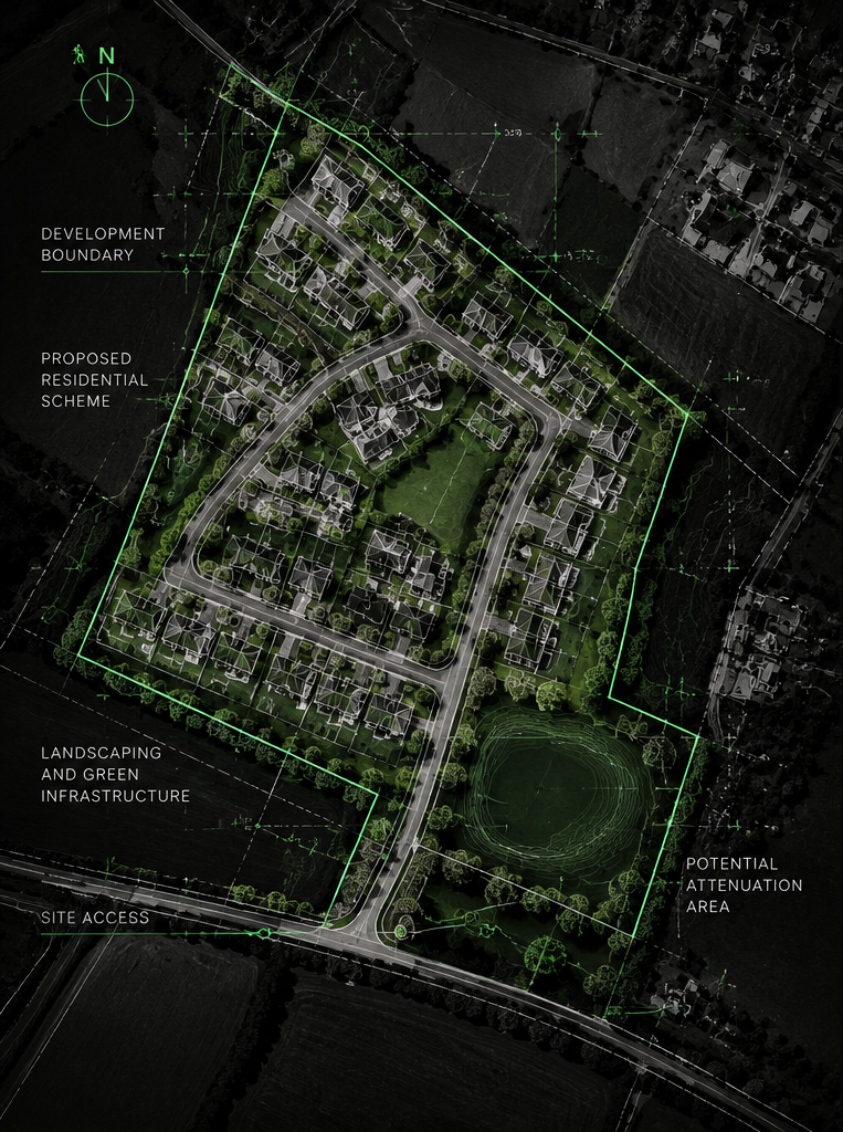 Indicative masterplan of a residential scheme on a field, with the development boundary outlined in green, site access, landscaping and an attenuation area