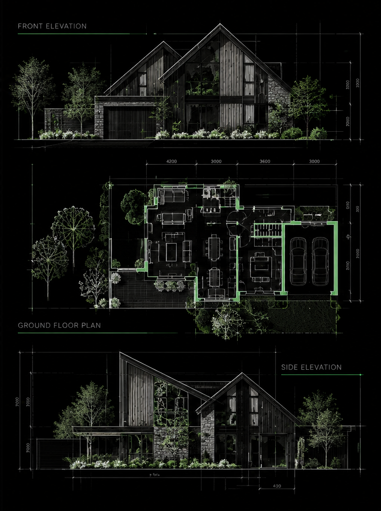 Architectural drawings of a detached house: front elevation, ground floor plan and side elevation