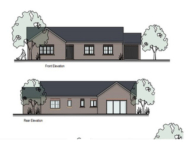 Front and rear elevation drawings of a new detached bungalow in North Yorkshire