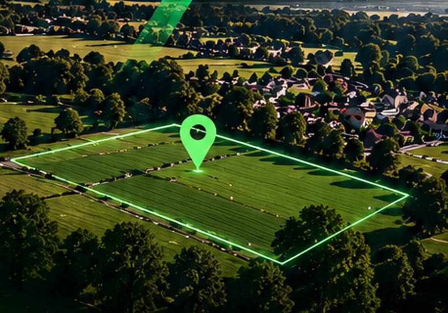 Aerial view of a green field beside a village, its boundary outlined in green