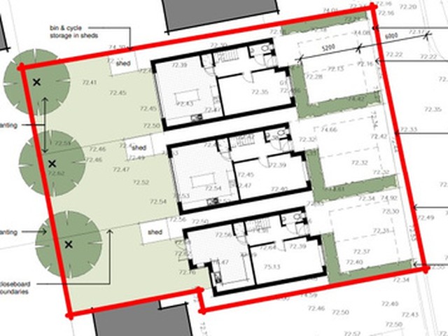 Site layout drawing for three new homes with new vehicle accesses