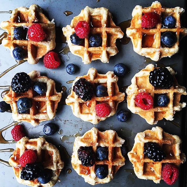 bourbon syrup drizzled Belgian waffles, organic farm fresh berries