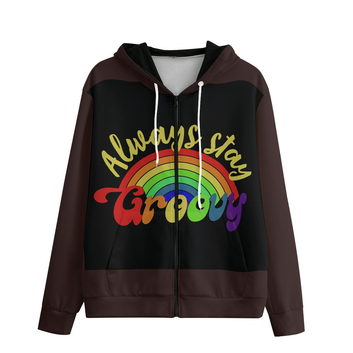 TiZo Design Always Stay Groovy Brown Print Zip Up Hoodie With Pocket | Interlock