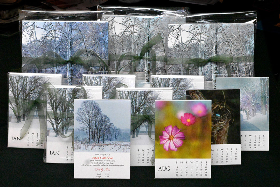 Calendars of different months displayed on a dark surface, nature scenes.