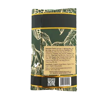 Thumbnail: Chocolate bar packaging with nutrition facts and ingredients; cocoa beans on green.