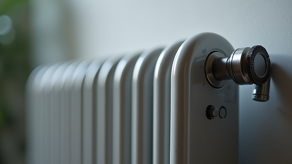 Close-up view of modern steel design radiator with thermostat