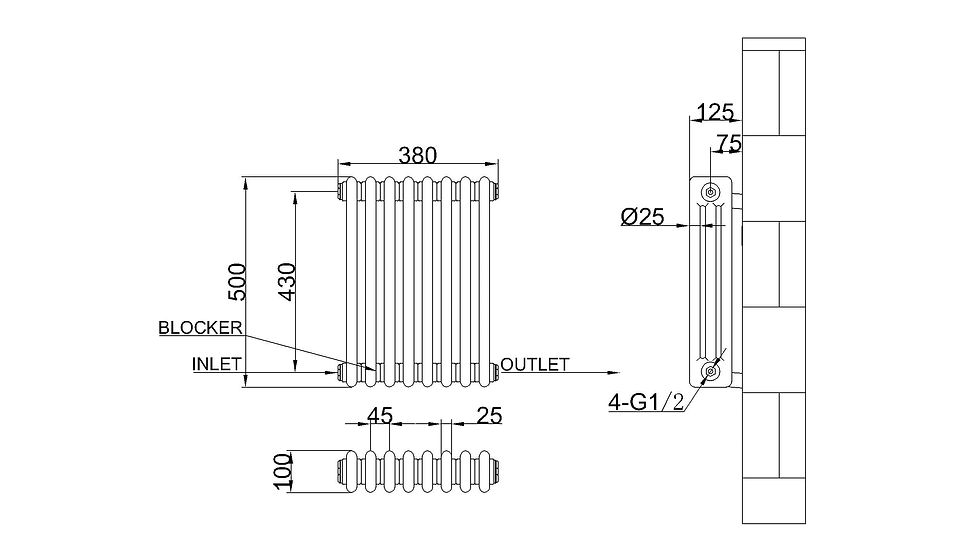 Thumbnail: Dizaina radiators trīs kolonnu horizontāla radiatora montāžas shēma 500x380mm