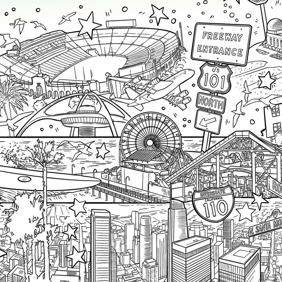 Skyspace, Los Angeles, CA, California, SoCal for the LA Art Show. Illustrated mural features a collage of LA tourist destination hotspots, including Dodger Stadium, the LA Coliseum, Santa Monica Pier Promenade, downtown Los Angeles, the beach, Hollywood, Rodeo drive, Union Train Station, Grauman's Chinese Theater, Hollywood Walk of Fame, Staples Center, Beverly Hills, Griffith Observatory, LAX International Airport, and the Triumphal Arches of Michael Maltzan's Sixth Street Viaduct bridge.