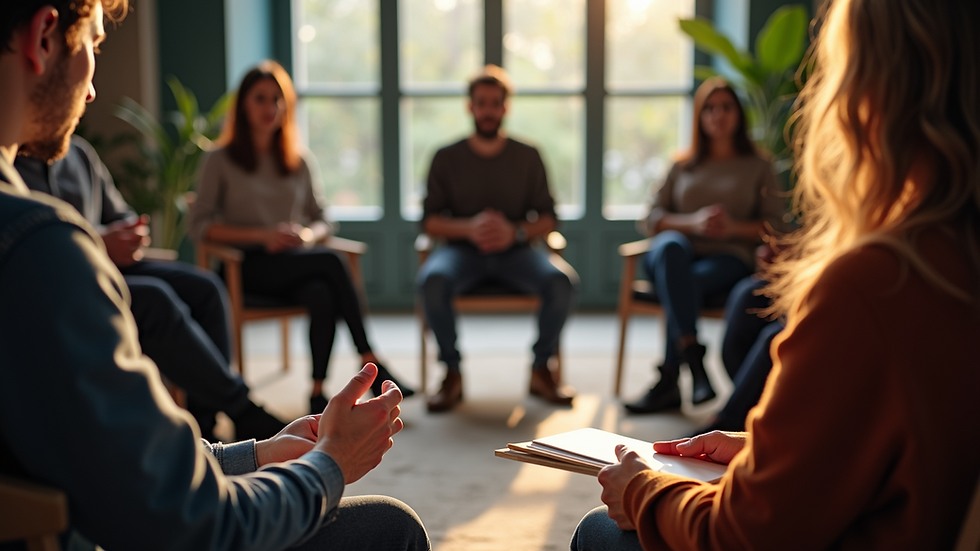 Eye-level view of a workshop circle with participants sharing stories