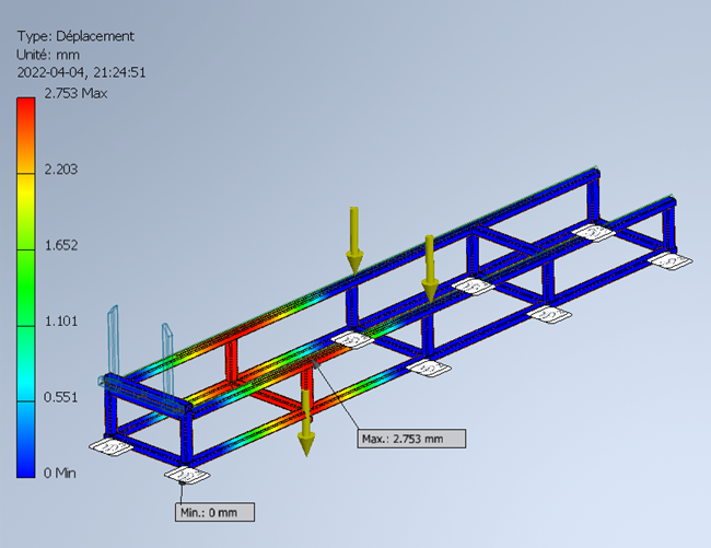 Illustration highlighting a finite element analysis of a metal structure, specifically designed to support a significant mass during manufacturing operations for large parts. The image reflects the advanced engineering involved in modeling and analysis of the structure, ensuring adequate strength and optimal stability under heavy loads. This finite element approach allows for in-depth stress assessment, ensuring the reliability and safety of the structure during demanding industrial manufacturing processes.