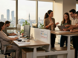 Modern bir ofis ortamında doğum izni, babalık izni ve mazeret izni gibi çalışan haklarını dijital ekranlar üzerinden inceleyen insan kaynakları ekibi.