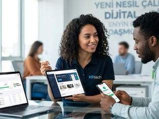 Modern ofiste tablet ve telefon ile dijital İK eğitim yönetimi platformunu kullanan iki profesyonel.