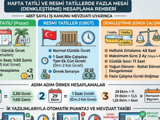 Hafta tatili ve resmi tatillerde fazla mesai ile denkleştirme hesaplama rehberi infografiği ve bulut tabanlı İK yazılımı puantaj takip şeması
