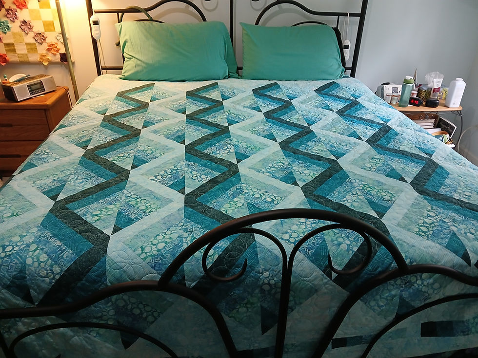 Two totally finished quilts - Mirror Mirror & Crossroads, Rose House top from Janice, OBW center panel laid out