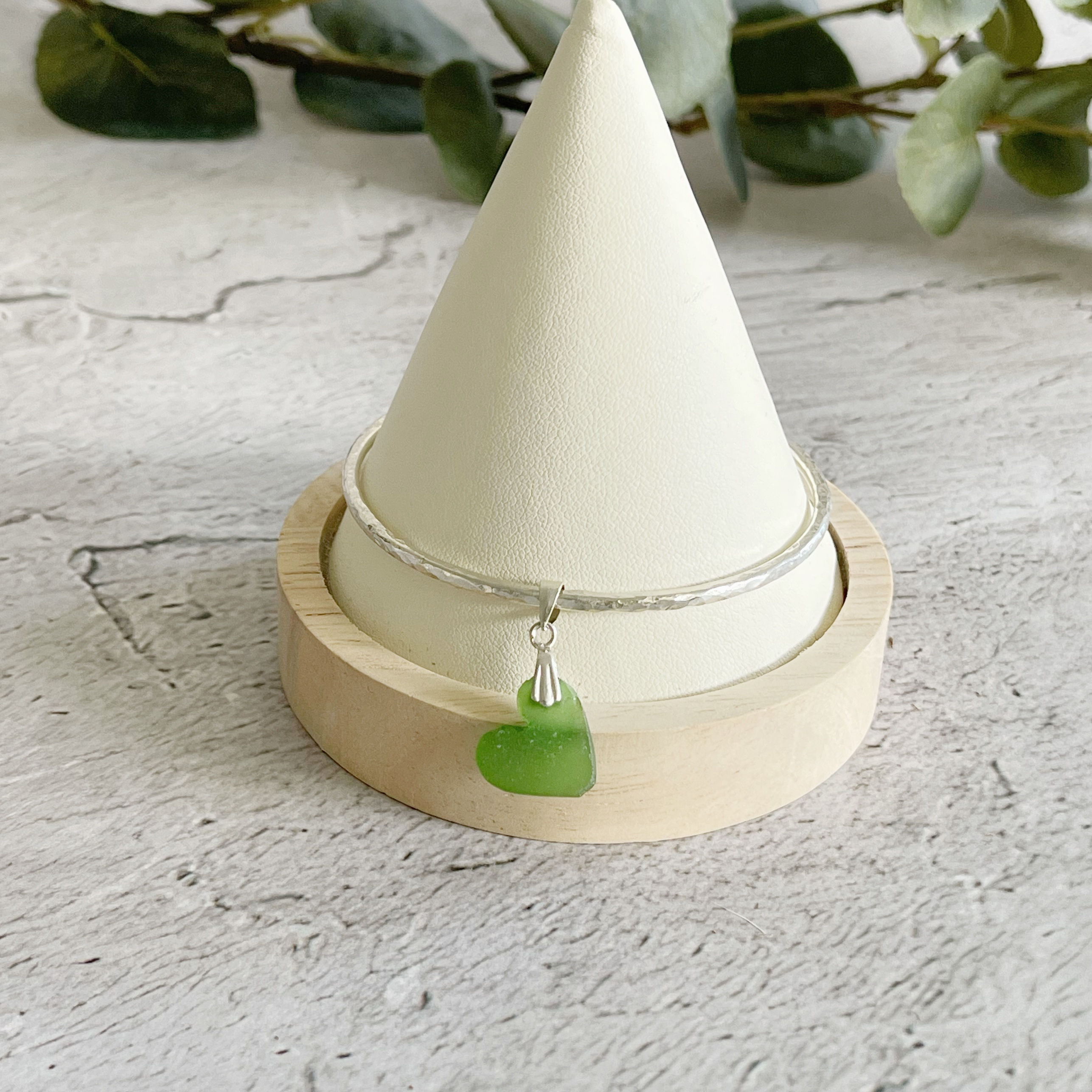 Textured Bangle with Cornish Forest Green Sea Glass Heart