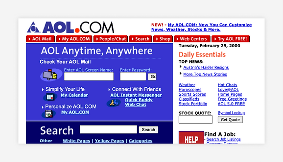 screen shot of aol's homepage in the web1 era