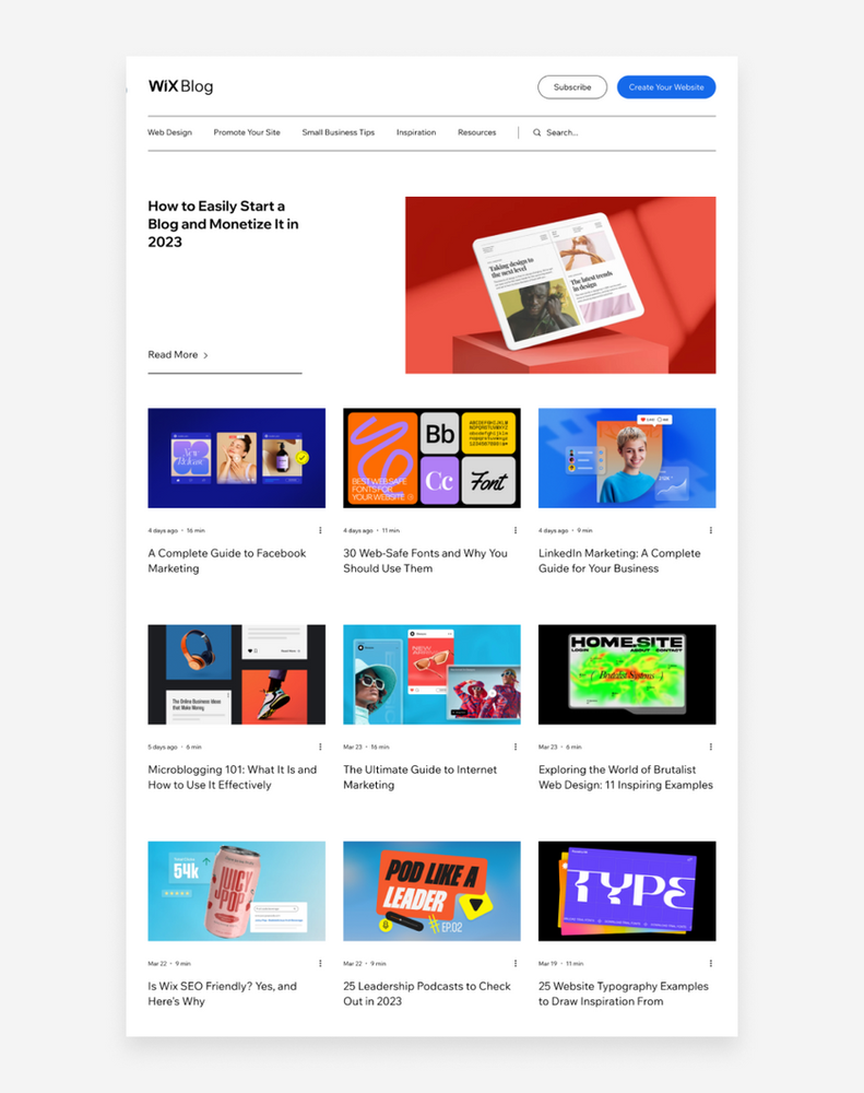 Wix blog homepage featuring 12 articles with catchy blog titles