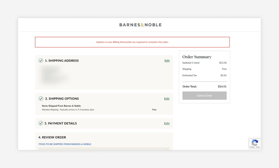 Barnes & Noble dynamic form with saved data for members 