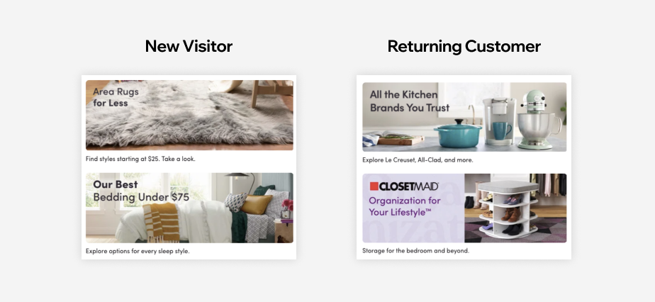 homepage for wayfair with dynamic content for new visitors and returning custoemrs