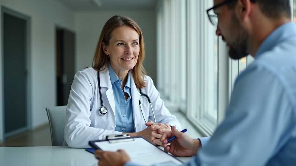 Eye-level view of a healthcare professional discussing hormone therapy with a patient
