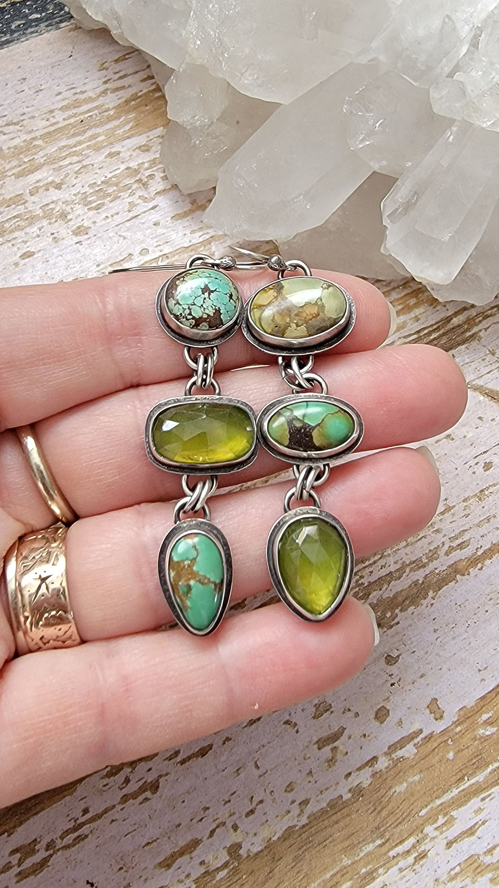 Thumbnail: Handmade Hubei Turquoise and Vessuvianite Totem Earrings