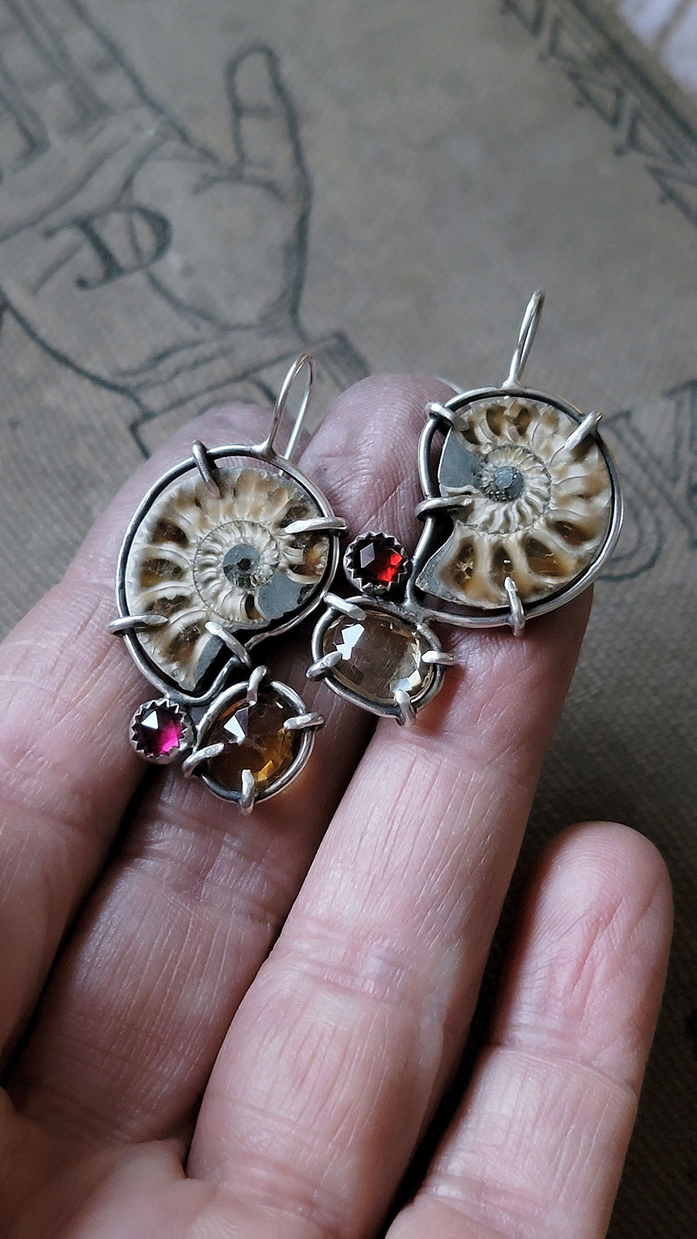 Thumbnail: Ammonite with Citrine Gem Slice Earrings