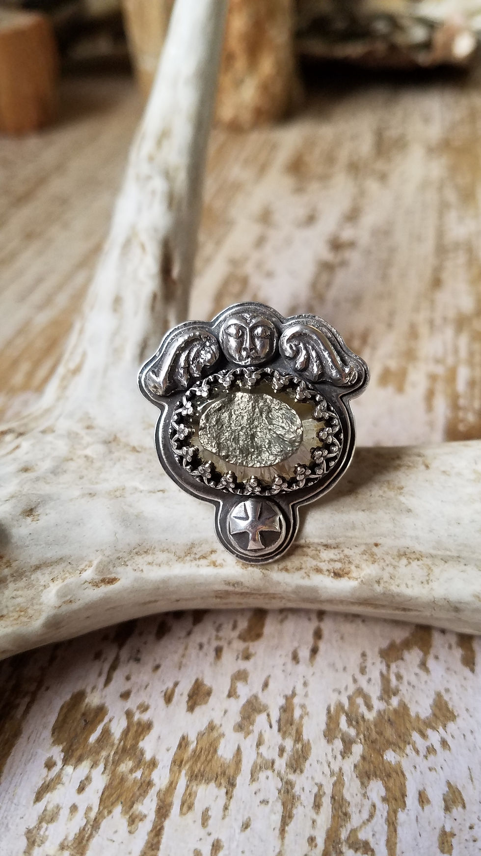 Thumbnail: Memento Mori sterling and pyrite winged effigy with cross handmade ring 2