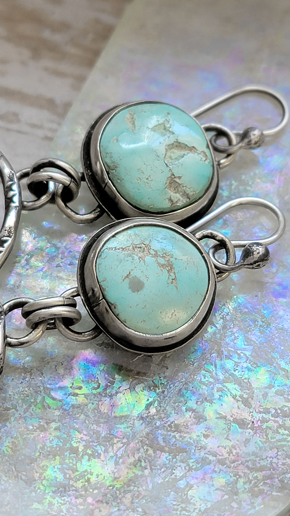 Thumbnail: Handmade Tyrone Turquoise Rainbow Serpent Earrings