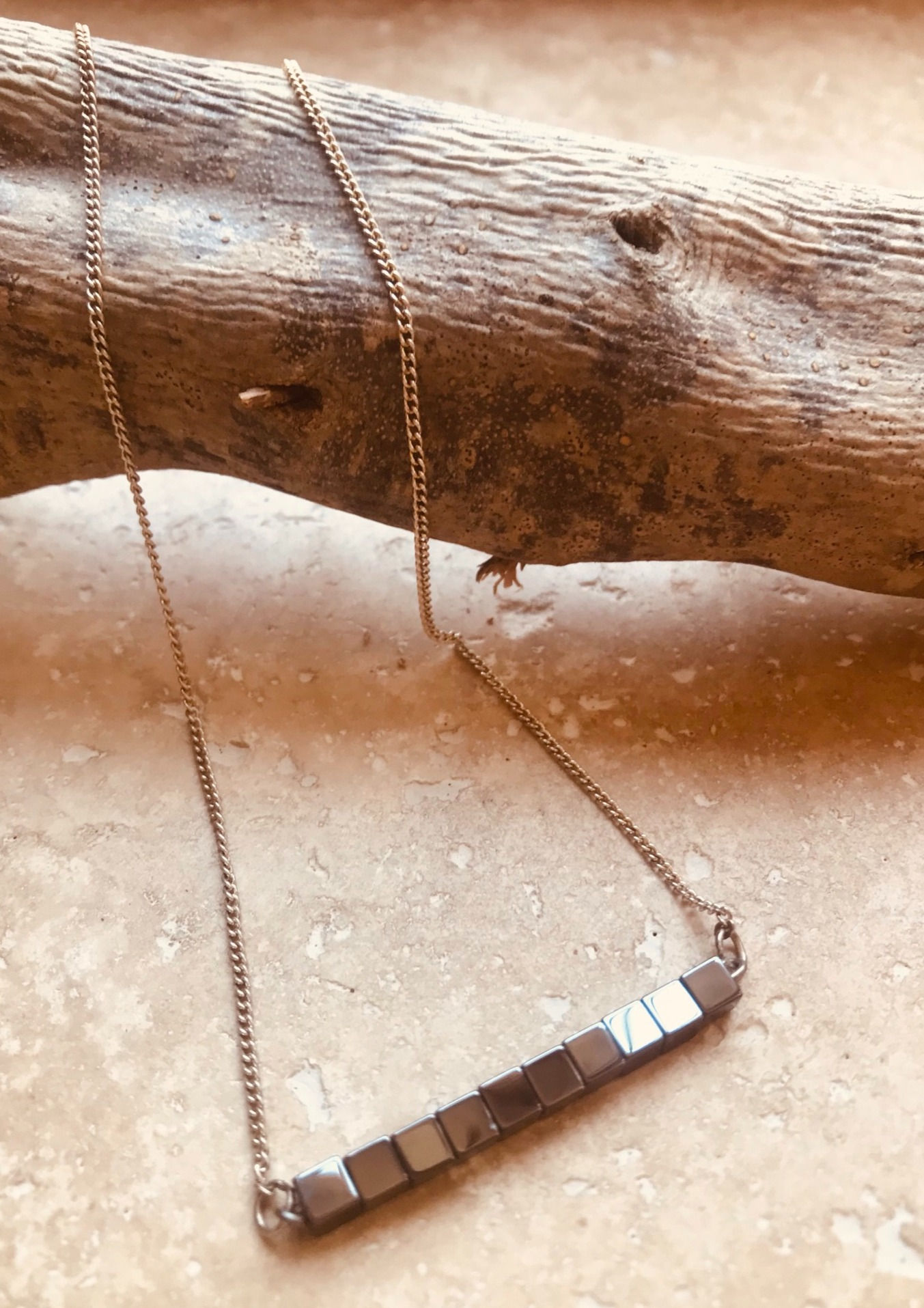 Necklace of black hematite cubes earrings