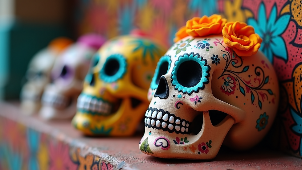 Eye-level view of colorful sugar skulls used in Day of the Dead celebrations