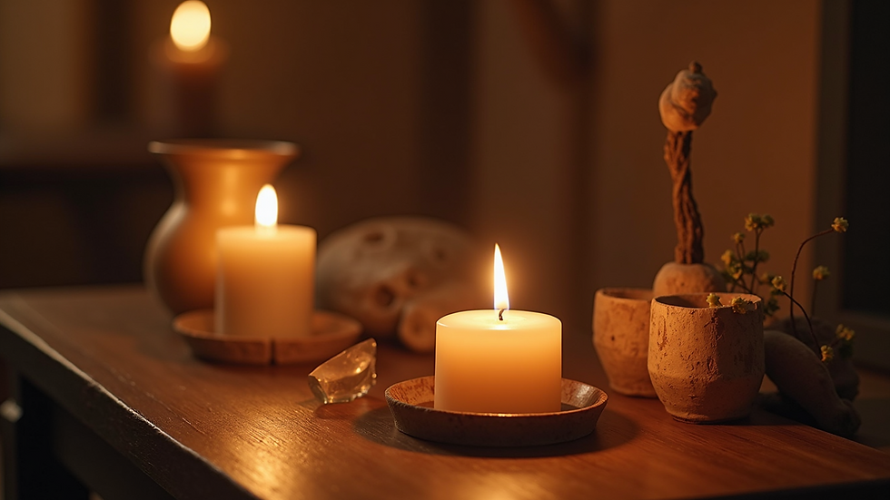 Close-up view of a candle and crystal on a wooden altar