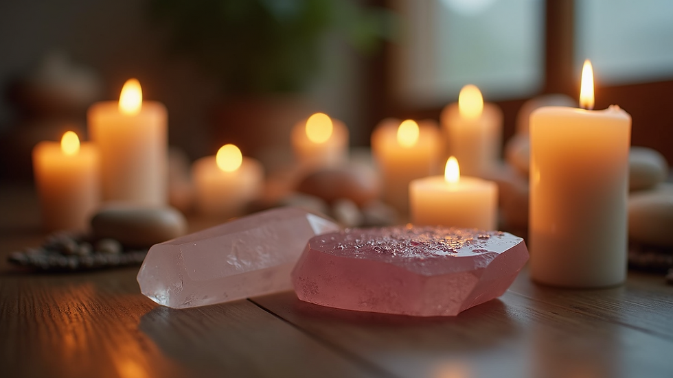 Eye-level view of a serene meditation space with candles and crystals