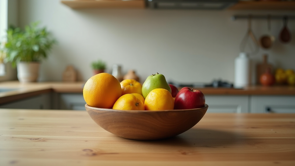 Eye-level view of a colorful fruit bowl on a wooden kitchen table