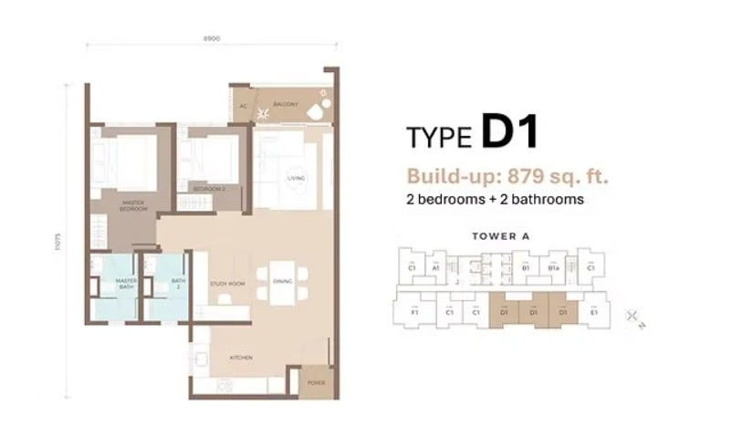 Amaya Residences Type D1 floor plan 879 sqft 2 bedroom condo Damansara Avenue KL