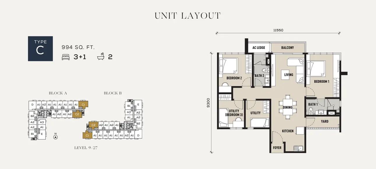 Type C 3+1 bedroom floor plan at Sixteen Residences Subang Jaya showing 994 sq ft layout with balcony, living, dining, kitchen and utility spaces
