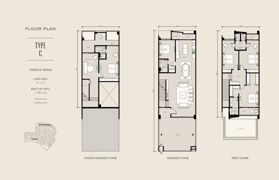 Seri Embun Type C1 terrace house floor plan in City of Elmina Shah Alam showing ground floor first floor and second floor layout with 23x75 land size