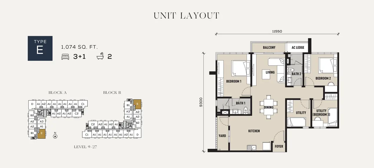 Type E 3+1 bedroom floor plan at Sixteen Residences Subang Jaya showing 1074 sq ft layout with balcony, living, dining, kitchen and utility spaces