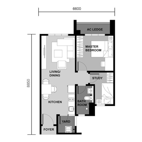 Interpoint Bandar Bukit Tinggi Type A1 593 sqft 1+1 bedroom serviced apartment floor plan layout in Klang Selangor