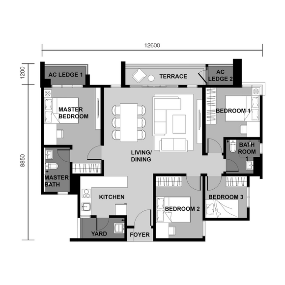 Interpoint Bandar Bukit Tinggi Type D 1194 sqft 4 bedroom serviced apartment floor plan layout in Klang Selangor