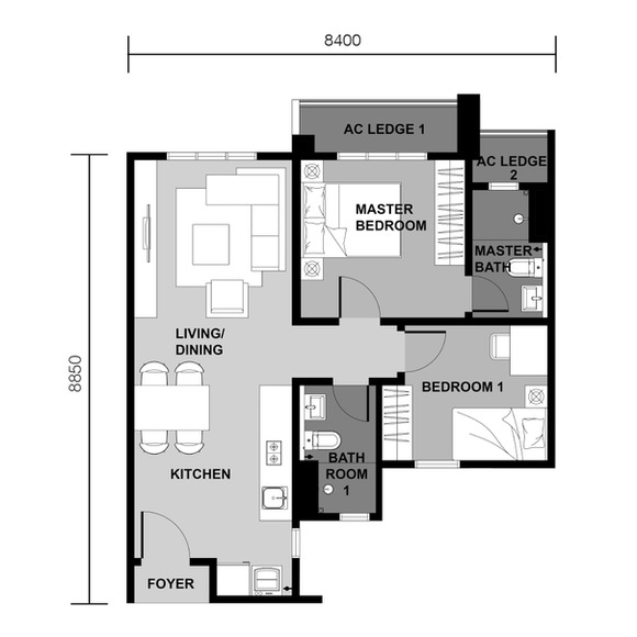 Interpoint Bandar Bukit Tinggi Type B 722 sqft 2 bedroom 2 bathroom serviced apartment floor plan in Klang Selangor