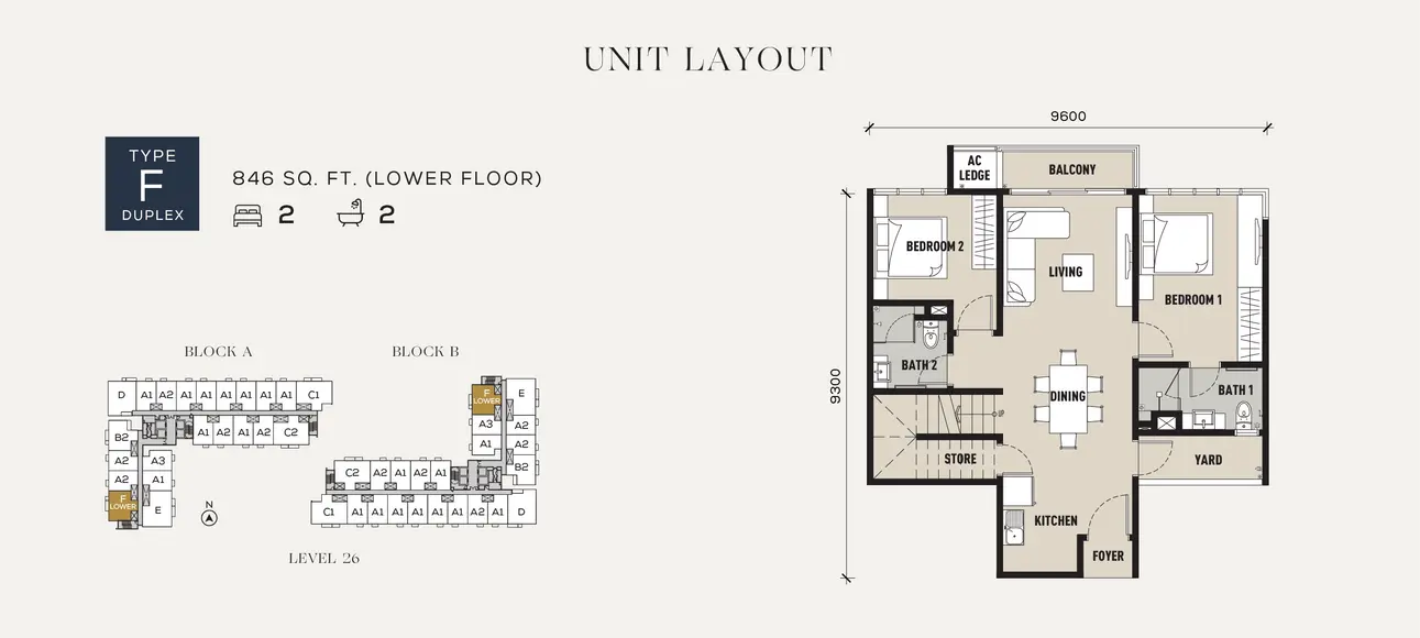 Type F duplex floor plan at Sixteen Residences Subang Jaya showing 846 sq ft dual level layout with internal staircase, living, dining and kitchen areas