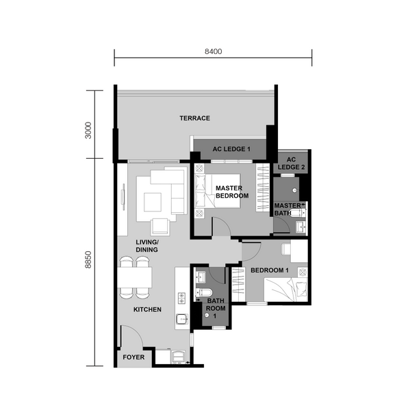 Interpoint Bandar Bukit Tinggi Type B1 905 sqft 2 bedroom serviced apartment floor plan in Klang Selangor