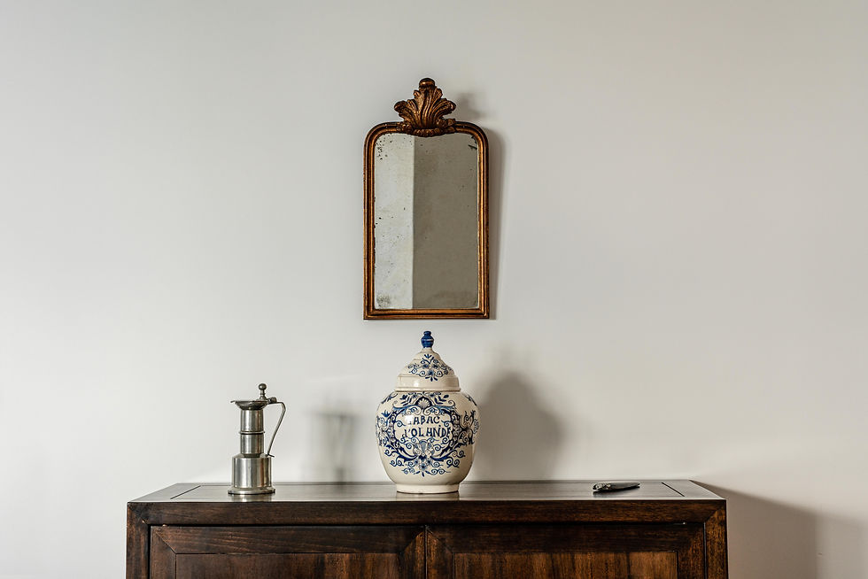 Mid-century modern living cabinets, mirror and decoration