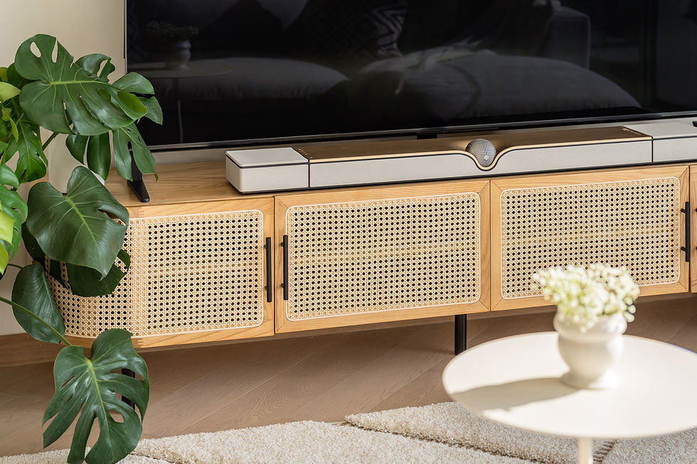TV on rattan cabinet with a soundbar, next to a large green plant. White round table with small flowers in foreground. Cozy, modern setting.